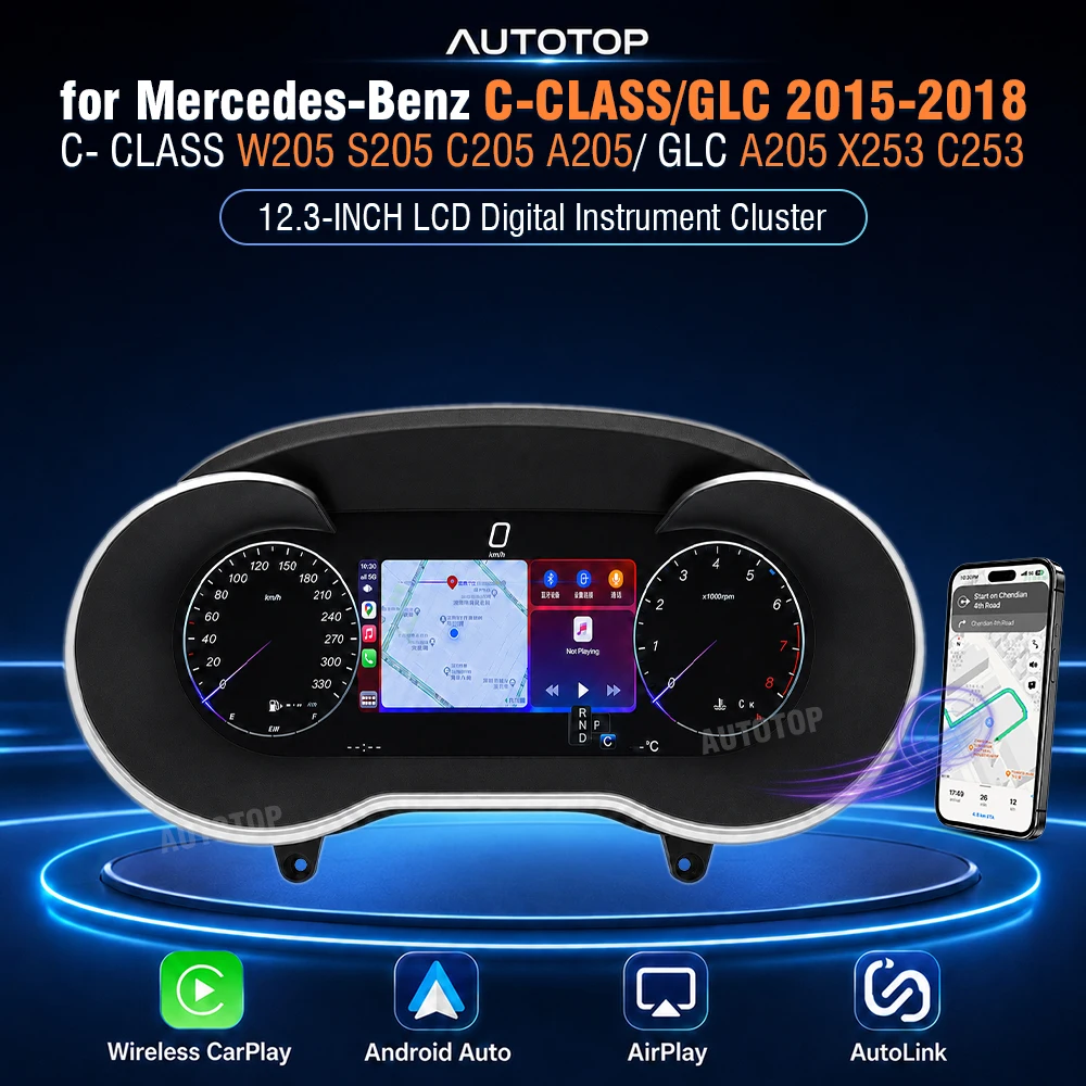 AUTOTOP 12,3" Digitales Instrumentencluster für Mercedes-Benz C-Klasse W205 S205 C205 A205 GLC X253 C253 2015-2018, Linux Virtuelles Cockpit Tachometer mit Wireless CarPlay Android Auto,