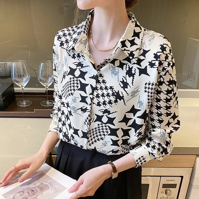 

New 2025 Spring and Autumn New Fashion Geometric Pattern Printed Chiffon Long Sleeve Shirt French Retro Top