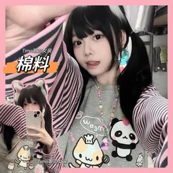 Sweet Kawaii Cartoon Panda Sweatshirts 2024 Autumn New O-neck Loose Tops Women Y2k E-Girl Long Sleeve Striped Sweatshirt Tshirt