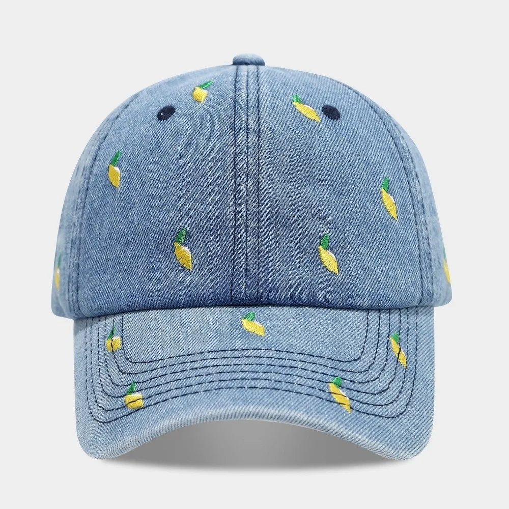 

Casual Denim Baseball Caps Adjustable Lemon Love Cherry Embroidery Trucker Cap Breathable Golf Hats Unisex