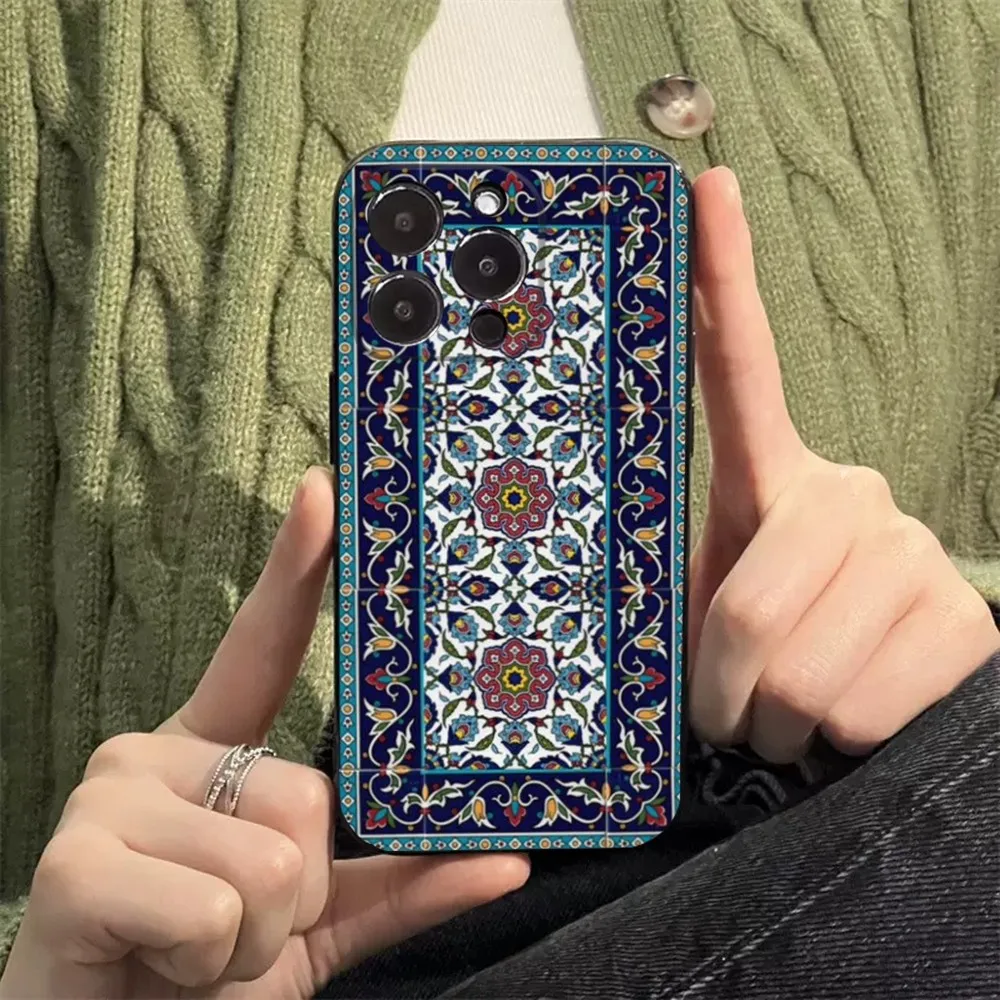 Persian Carpet Floral Pattern Phone Case For Apple iPhone 15,14,13,12,11,XS,XR,X,8,7,Pro,Max,Plus,mini Silicone Black Cover