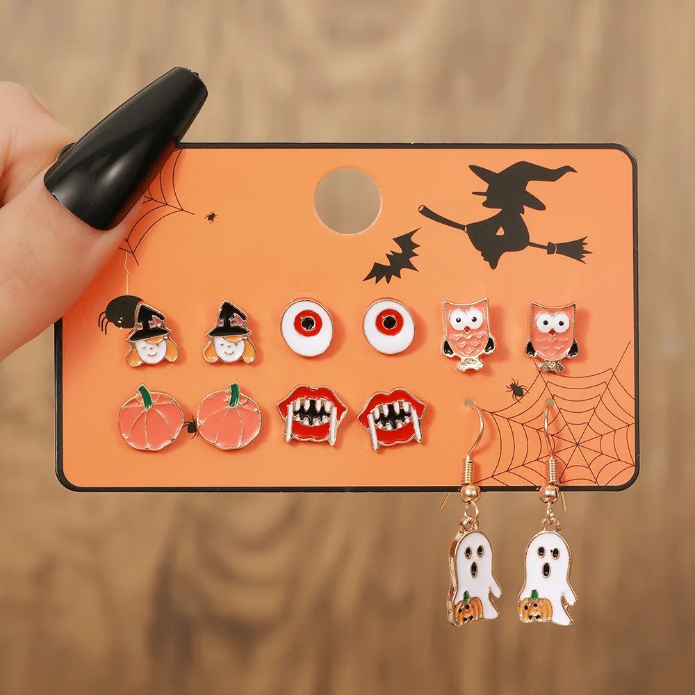 European chic accessories Halloween series pumpkin ghost earrings cartoon funny eyes spider stud earrings set view 4