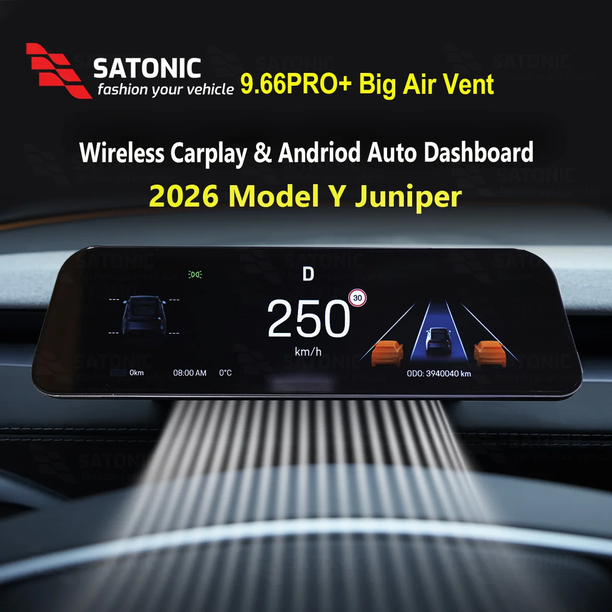 SATONIC 966pro 9.66 Inch Dasbhoard Screen For Tesla New Model Y Juniper YL Support Wireless Carplay & Andriod Auto Navigation