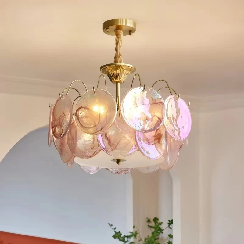مورانو الوردي الزجاج الثريات جولة الملونة ثريا تركب بالسقف الفرنسية الفاخرة بريق قلادة ضوء لغرفة المعيشة غرفة نوم فيلا #1
