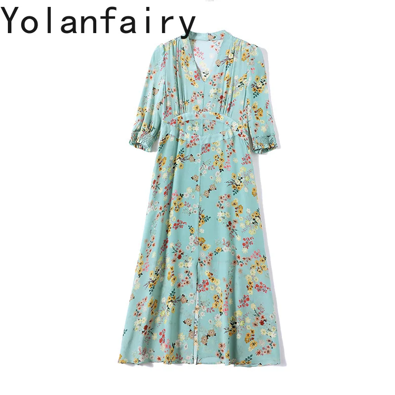 YOLANFAIRY Real Silk Floral Dress for Women Elegant Gentle Summer Dresses Woman 100% Mulberry Silk Slit Green Beach Dress 원피스 여름