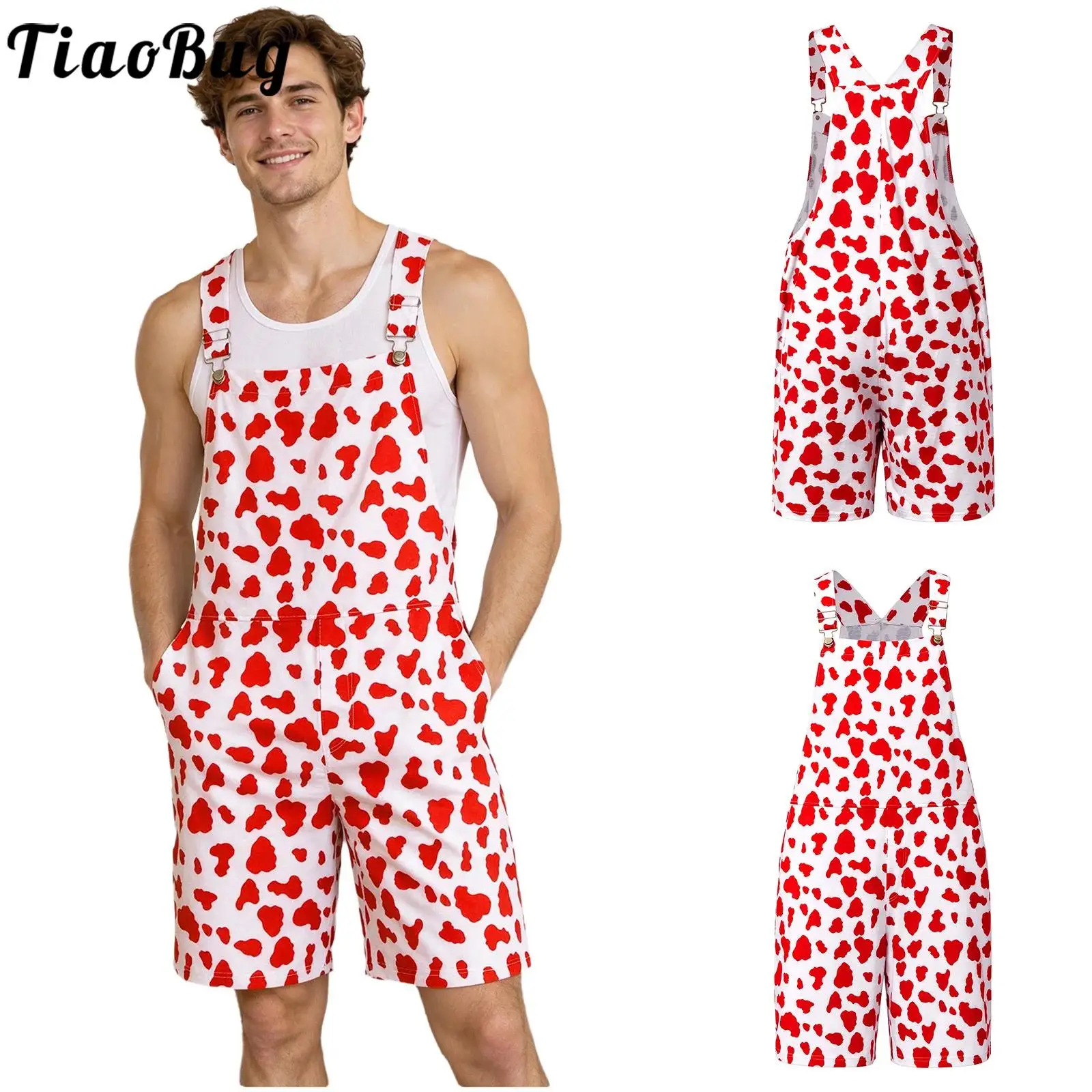 Men Cow Printed Bib Overalls Adjustable Shoulder Straps Rompers Thigh Length Jumpsuit with Pockets for Casual Holiday Outings