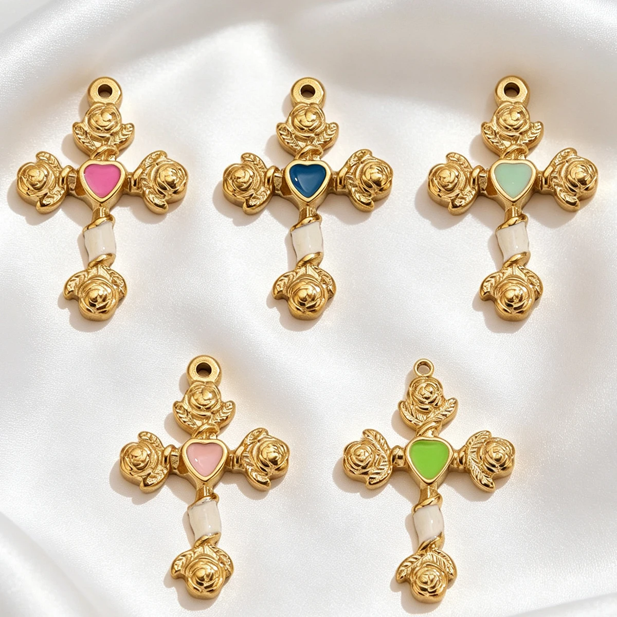 5pcs Enamel Rose Heart Cross Pendants 18k Stainless Steel DIY Necklaces Earrings French Women Jewelry Accessories Wholesale Bulk