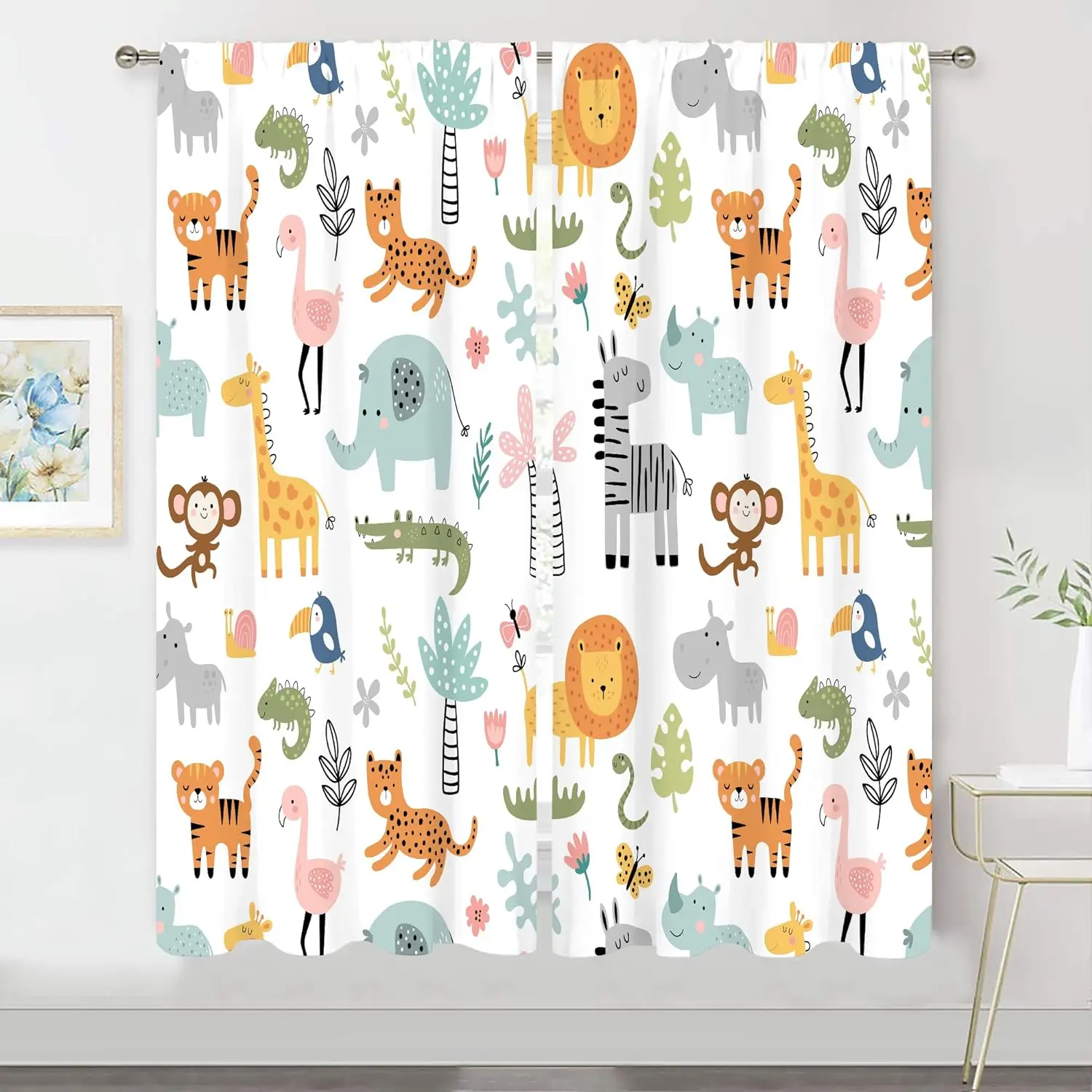 Children's CartoonWindow Curtain Wild Animal Elephant Giraffe Lion Printed Pattern Curtain Decorate Living Room Curtain 2 Pieces