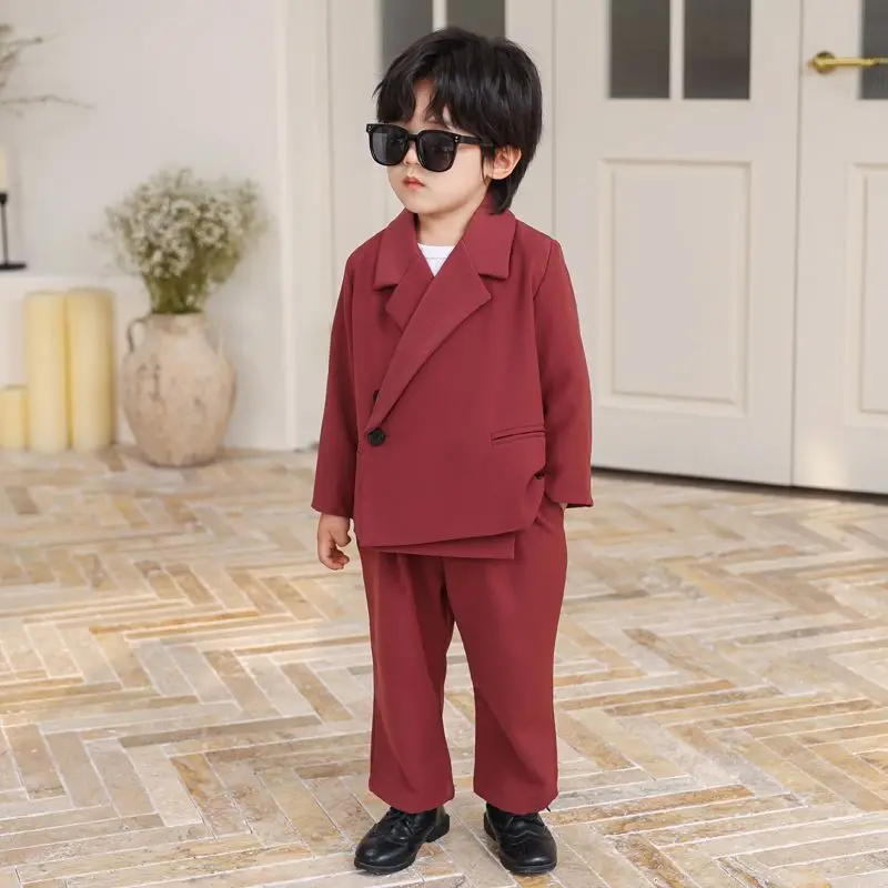 Boys Casual Blazer Suit Set Spring Autumn Korean Style Kids Gentleman Formal Outfit Jacket Pants