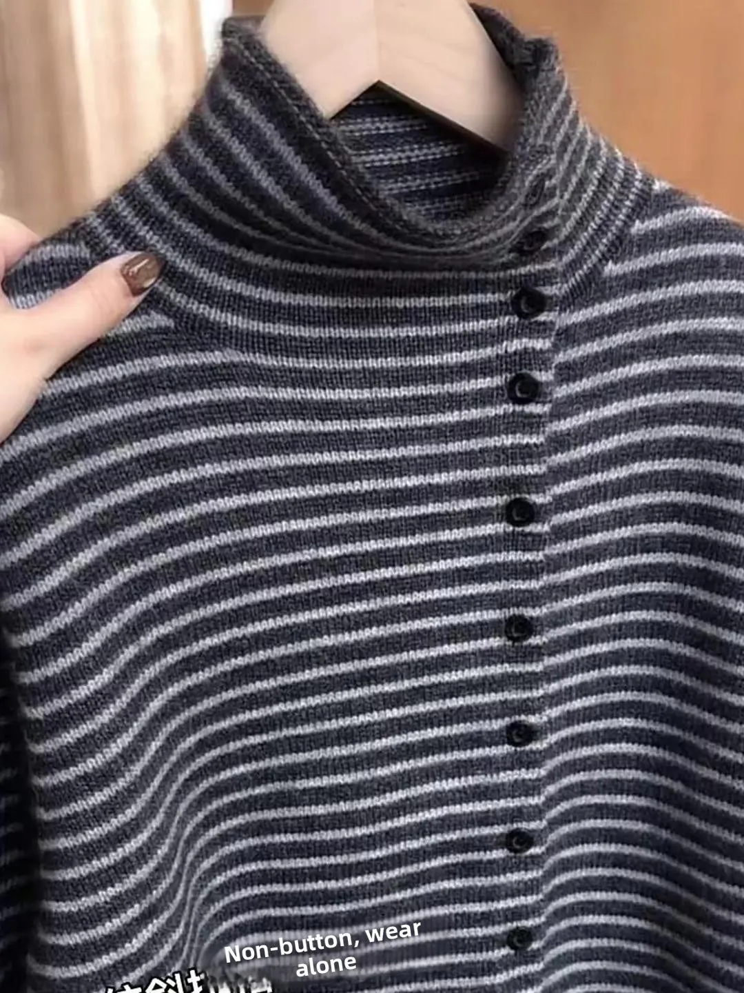 

Autumn Winter Deep ey Stripe High Collar Knitted Open Cardigan Women Side Button Slimming Knitwear Trendy Sweater Coat