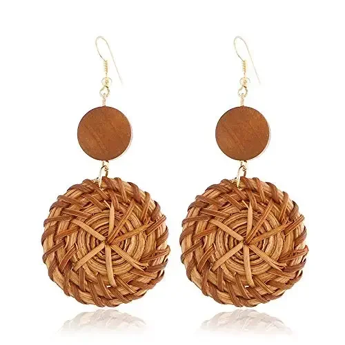 Vintage Woven Rattan Drop Earrings Geometric Round Handmade Wicker Grass Drop Earrings for Women Beach Vacation Jewelry Gift