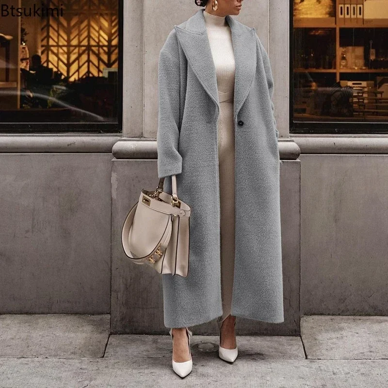 New Women's Warm Woolen Long Coats Autumn Winter Single Button Slim Jacket Loose Cardigan Coats Long Sleeve Warm Thick Overcoats
