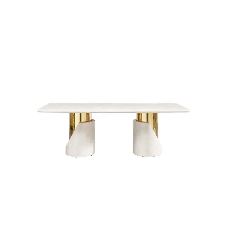 Marble dining table large flat-floor villa high-end home high-end sense 2.2 meters rectangular gold dining table and chair