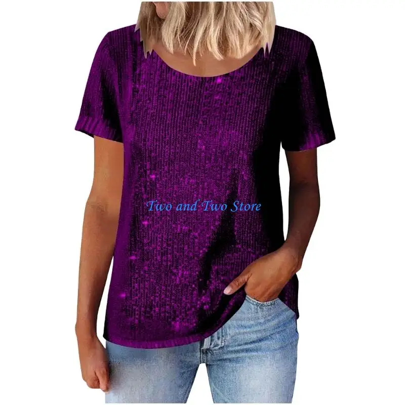 

HX6F Women's Elegant Casual Short Sleeve Top Loose Fit Sparkles For Party Daily Wear