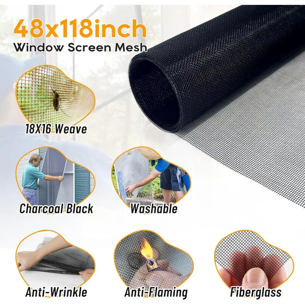 Durable 48x118 Fiberglass Black Window Screen Mesh, Replacement/Repair Kit, Easy DIY Install
