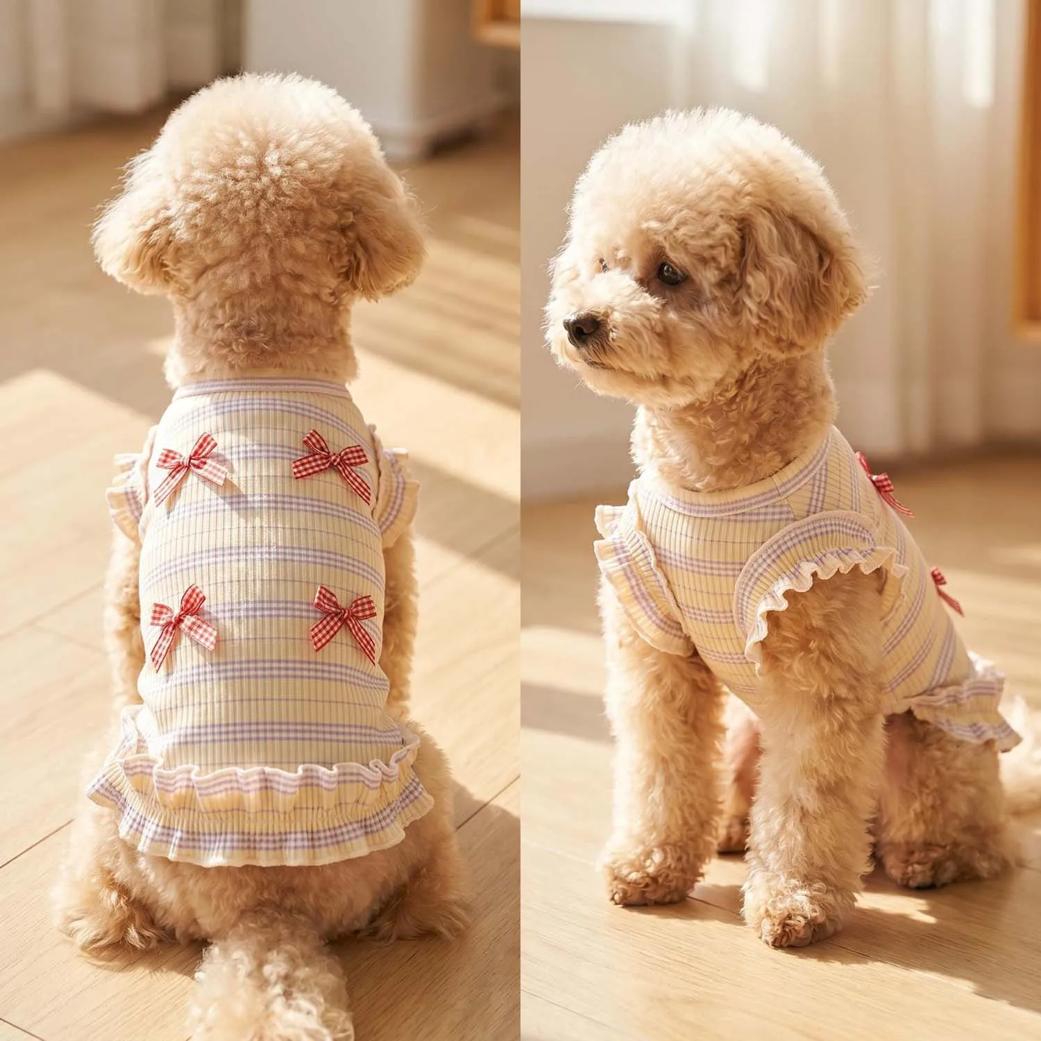 3D Mesh-Hundekostüm mit Schleifen- und Streifendekoration - mit Rüschen, Geeignet für Kleine und Mittelgroße Hunde – Detail 3