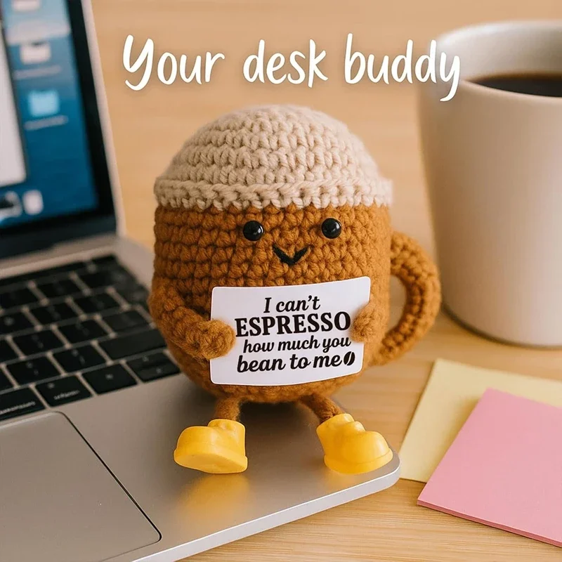 Creative Funny Crochet Coffee Cup Dolls with Card Emotional Support Desktop Ornament Handmade Knitted Figurines Gifts Home Decor