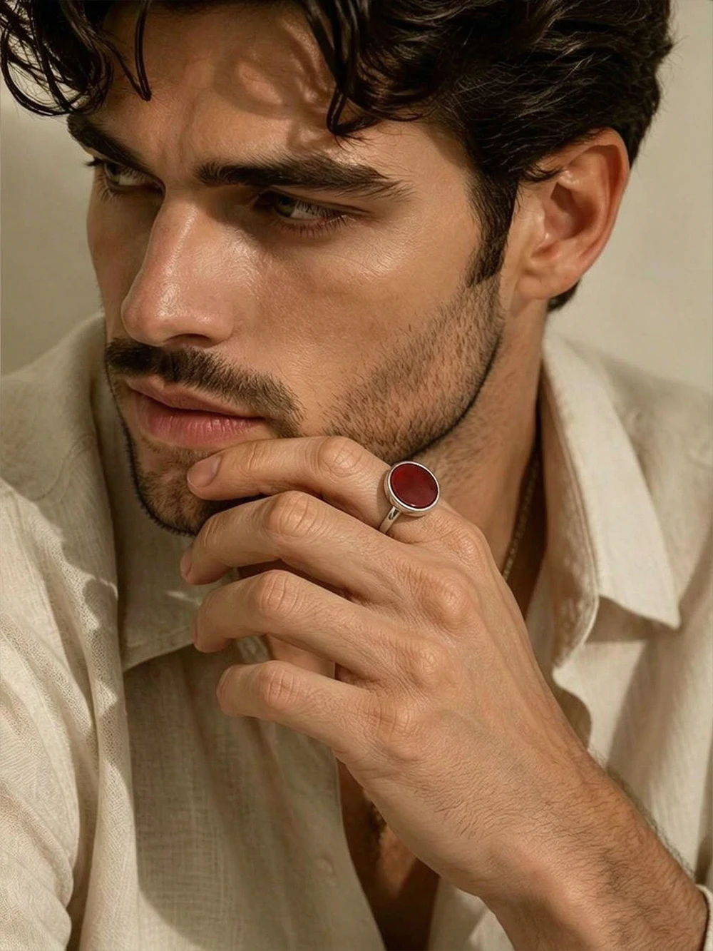 925 Sterling Silver Simple Ring, Round Natural Stone Classic Band, Delicate Fine Jewelry, Ideal Party Gift for Men