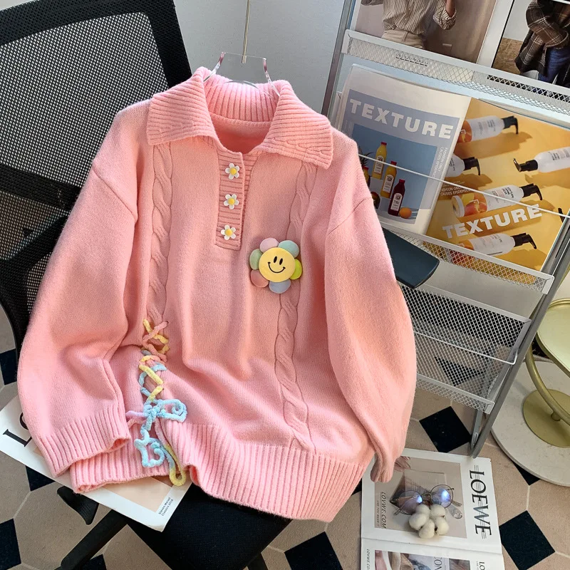 Hsa 2023 Women Sweater and Pullovers Turn Down Collar Sunflower Pink White Knitted Pull Jumpers Korean Y2K Streetwear Knit Tops