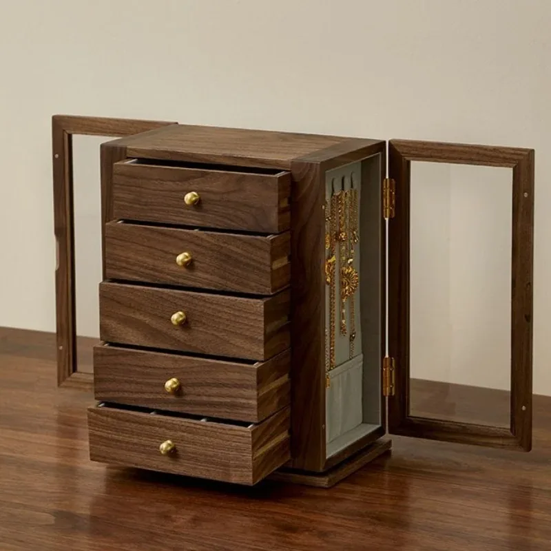 Solid Wood Jewelry Storage Box Large Capacity Rotatable Necklace Box Desktop Ring Organizer Box Women Watch Bracelet Case