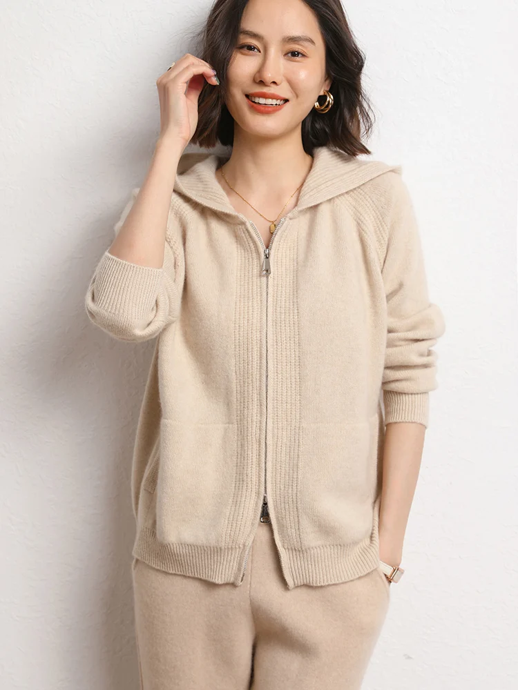 High Quality 100% Cashmere Thick Cardigan Women Autumn Winter Sweater Comfort Zippers Casual Knitted Hoodie Korean Fashion Tops