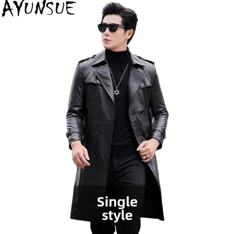 

AYUNSUE High-end Top Layer Cowhide Leather Jackets Man 2025 Detachable White Duck Down Liner Coats Long Leather Puffer Jackets