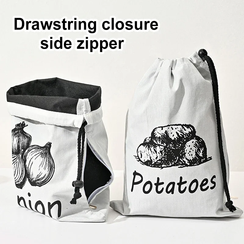 Drawstring Storage Bag Reusable Durable Shopping Bag Easy to Access Side Zipper Bag Kitchen Organizer for Fruits and Vegetables