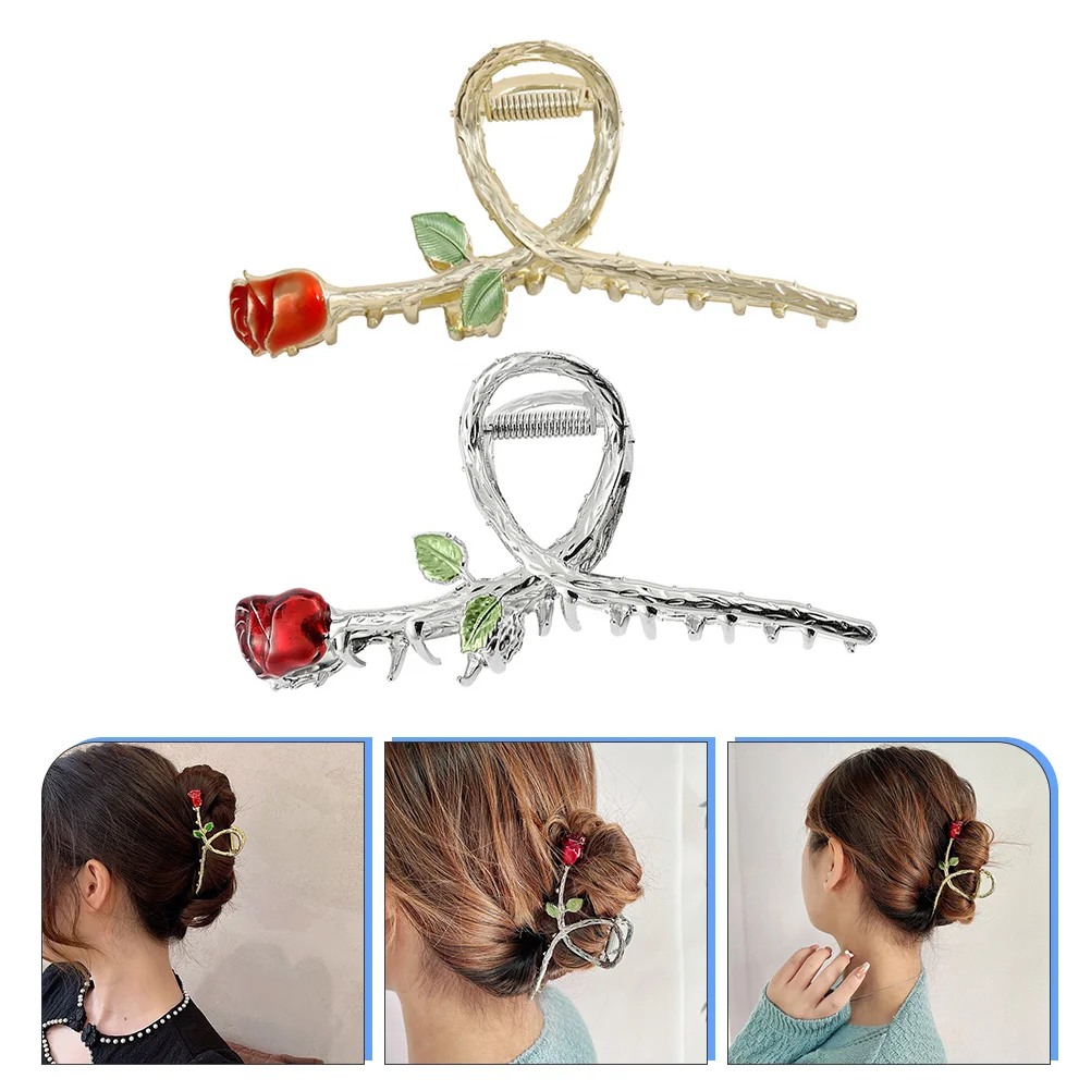 2 Pcs Hairpin Clips for Women Claw Rose Flower Small Thick Barrettes Thin Metal Jaw Accessories Miss