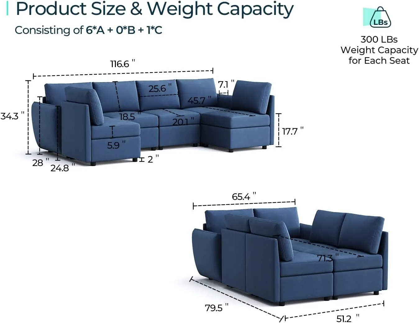 Linsy Home Modular Sofa, All Covers Washable Changeable Sectional Couch With Storage & Memory Foam, Convertible U Shaped 6 Seat