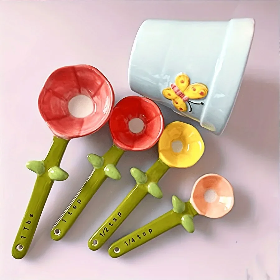 Ceramic Measuring Spoon Multifunctional Flower Measuring Spoon Cute Base Spoon Holder Household Kitchen Supplies Accessories