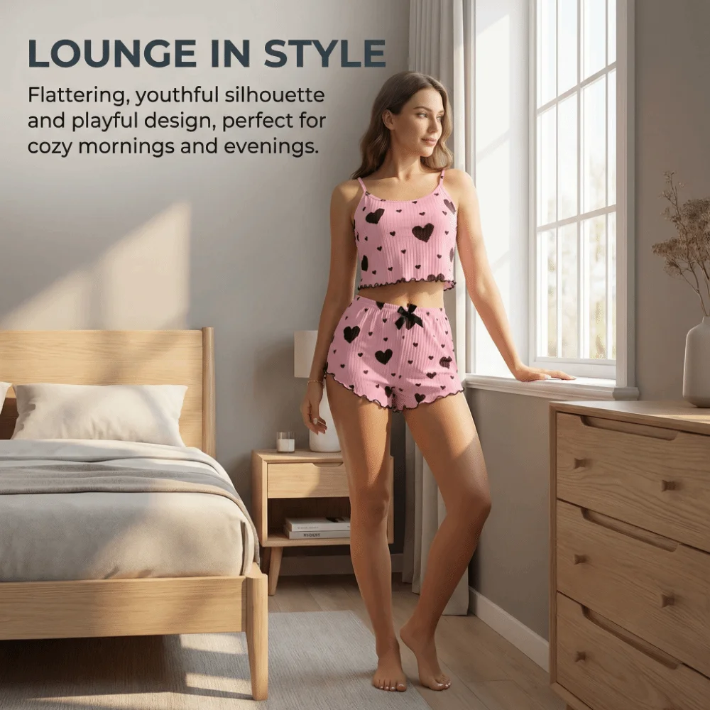 Kawaii Love Heart Women's Pajamas Set Homewear Bow Two Piece Nightwear Summer Cami Shorts Pajamas Women