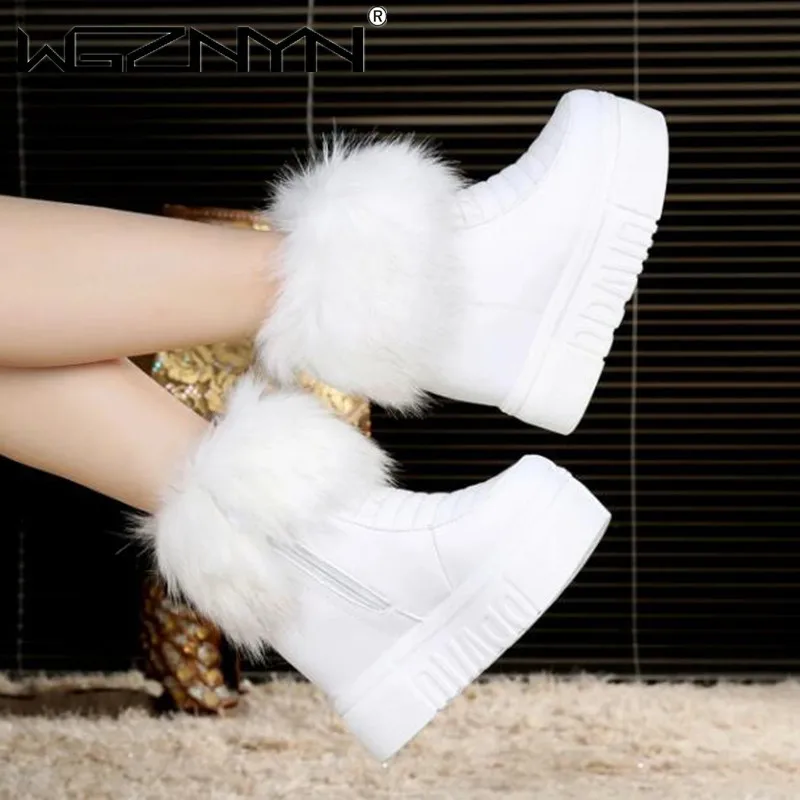 Winter Woman Warm Fur Sneakers Platform Snow Boots Female Causal Height Increasing Shoes Ankle Boots For Women Botas Mujer White