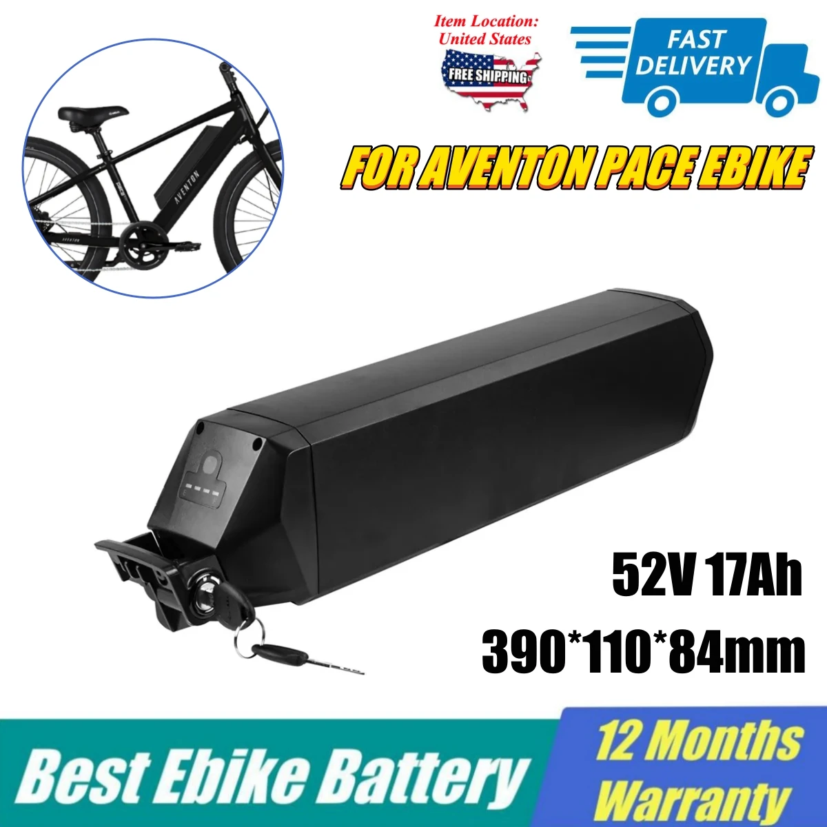 

AVENTON PACE Ebike Battery 52V 17Ah Reention Dorado 21700 52volt 17ah Side Open Electric Bike Batteries 350w 500w Length 390mm