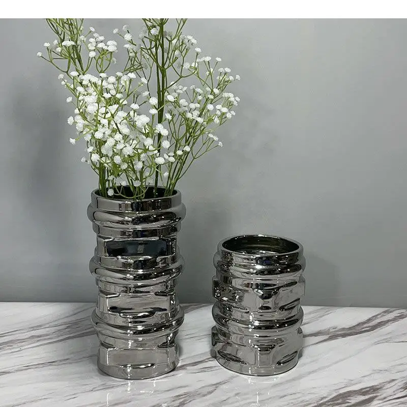 Circular Silver Ceramic Vase Flowers Pots Desk Decoration Flower Arrangement Porcelain Floral Vases Modern Home Decor