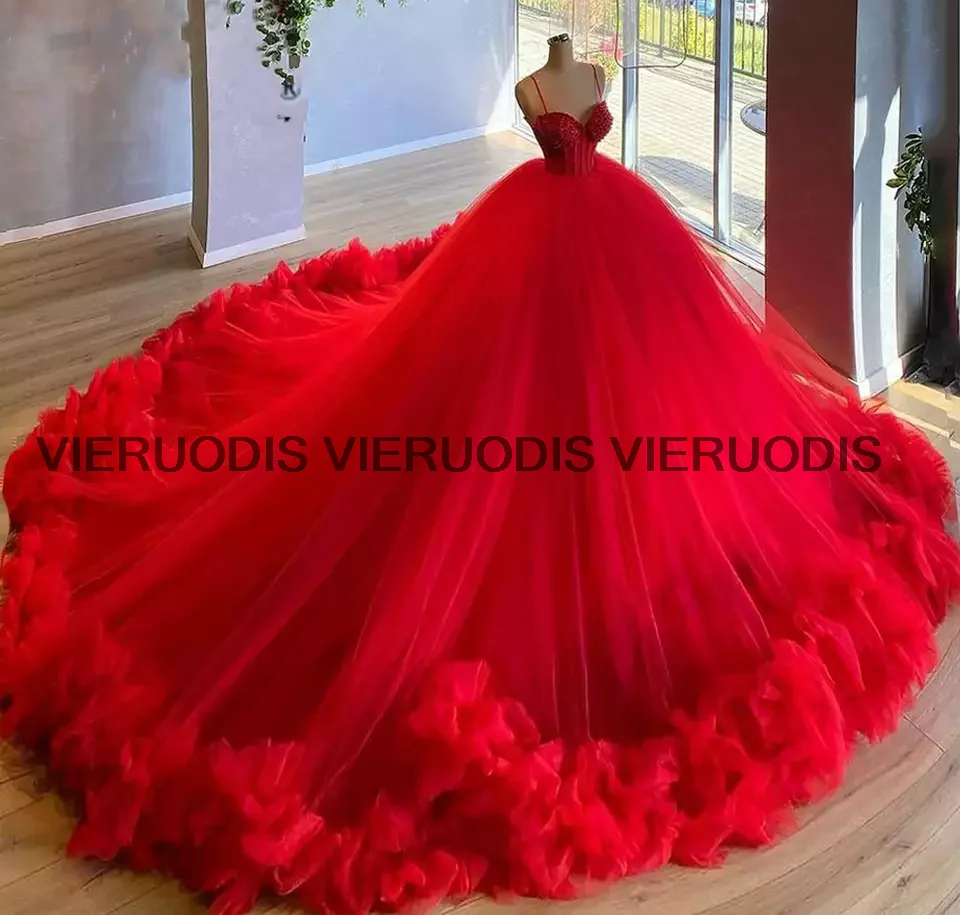 Vestido De baile rojo para quinceañera, elegante vestido De novia con volantes y cuentas De 15 Años, con cordones