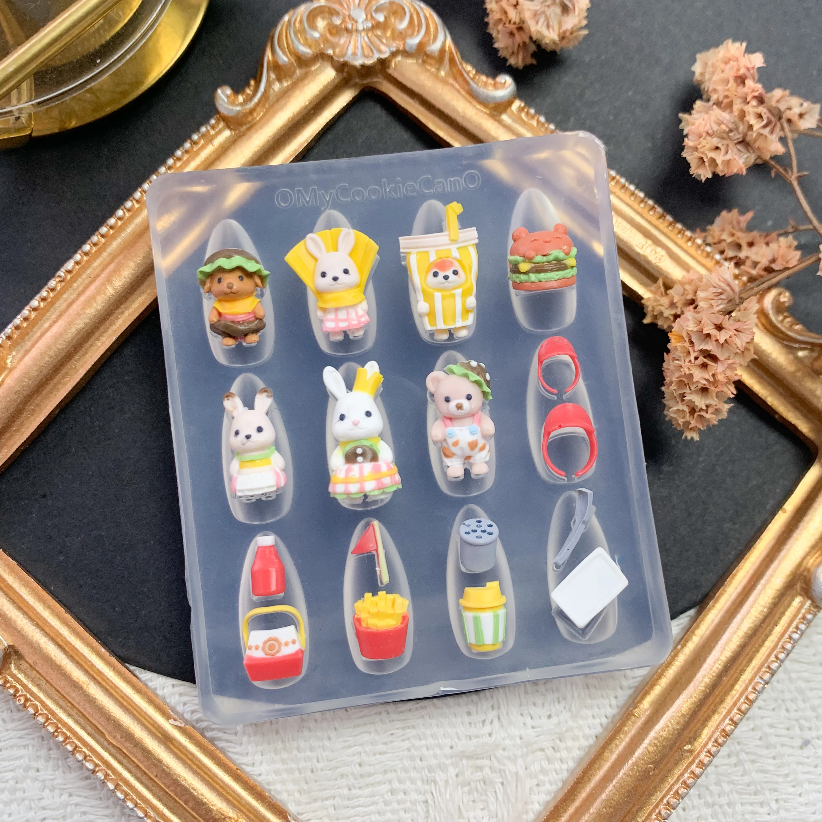 Super Cute, Hamburger and French Fries Little Animal Themed, Fully Transparent Silicone Nail Art Mold