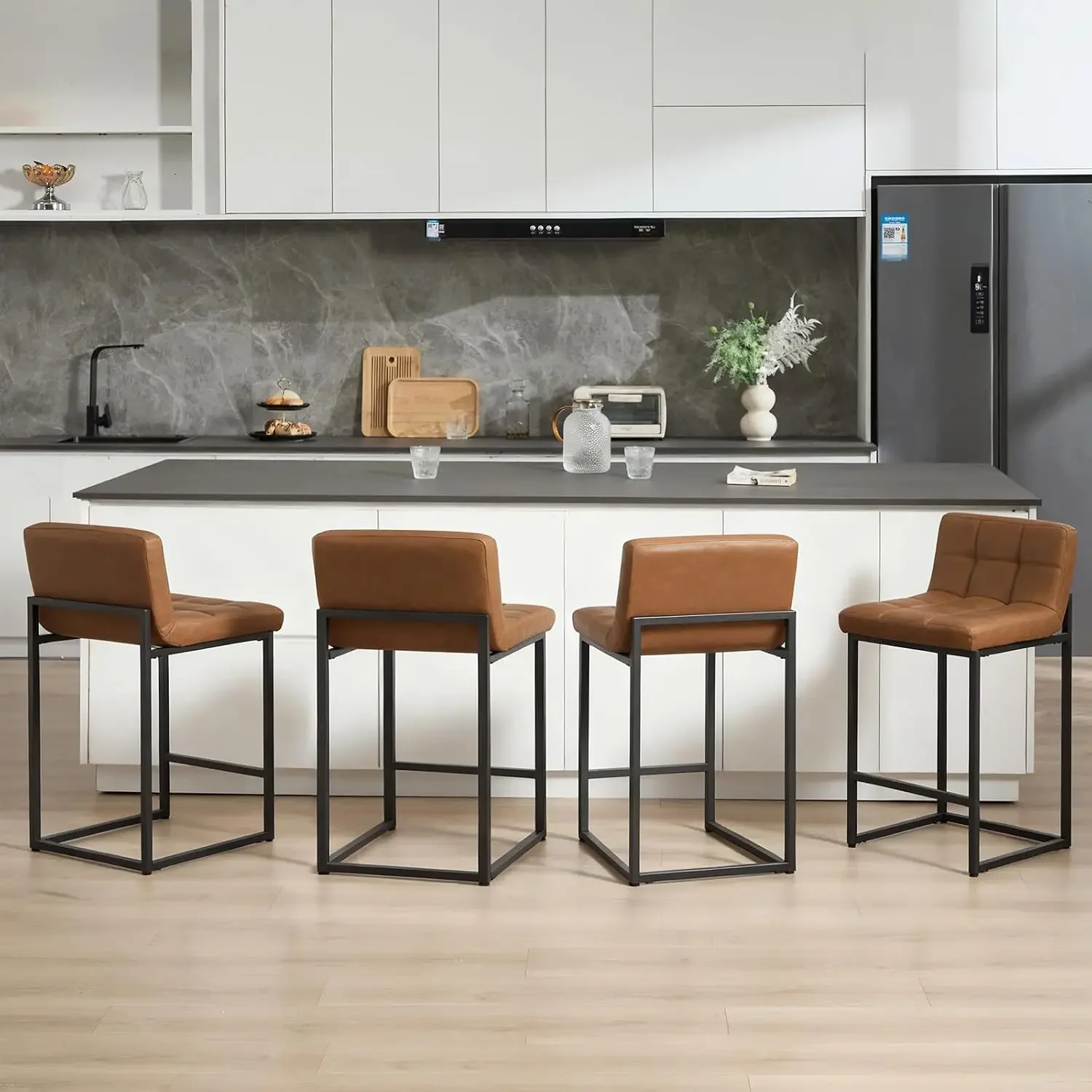 24 Inch Counter Height Bar Stools Set of 4, Modern Kitchen Barstools with Low Back and Black Sturdy Metal Legs, Faux Leather Uph - view 6