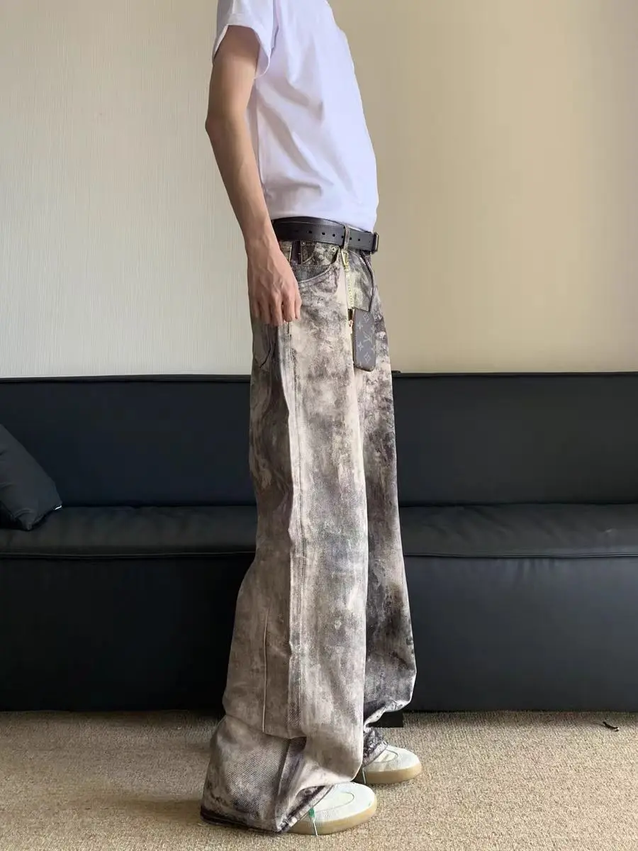 American High Street 3D Digital Camouflage Splatter Ink Print Aged Low Waist Wide Leg Jeans Men Women Trendy Brand Long Pants