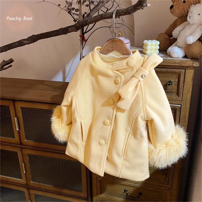 

Baby Girl Princess Woolen Fur Coat Diamond Bow Elegant Toddler Child Cotton jacket Warm Outerwear Thick Coat Baby Clothes 18M-7Y