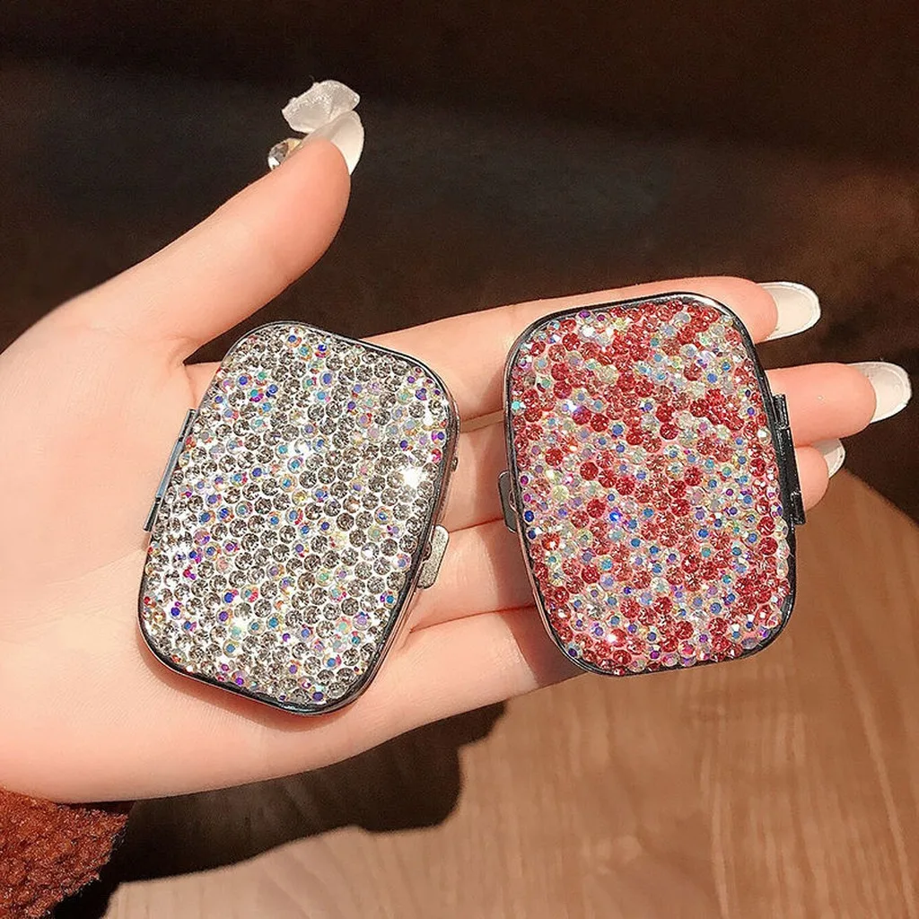1/2 Grid Mini Portable Sealed Rhinestone Pill Box With Built-in Mirror Divided Medication Storage Organizer for Travel Daily