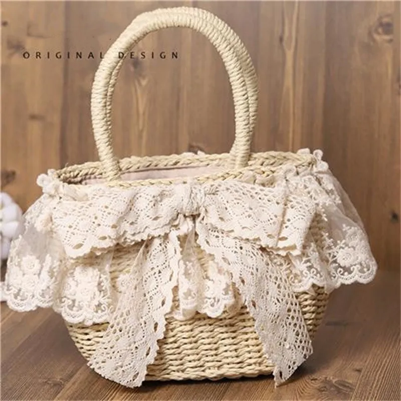 Sweet Cute Women Lolita Handbag Woven Straw Handmade Lace Flower Lady Soft Girl Pastoral Style Beach Bag Lolita Accessories