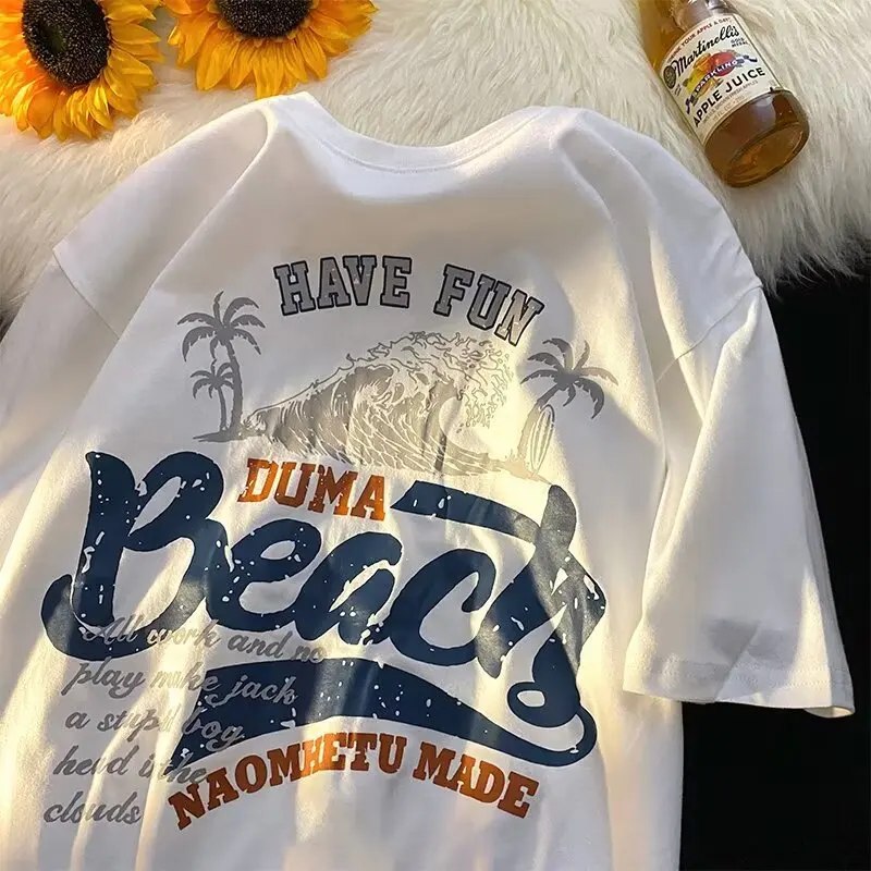 

Summer fashion men's letter print loose coconut tree casual short sleeve T-shirt retro American round neck new T-shirt