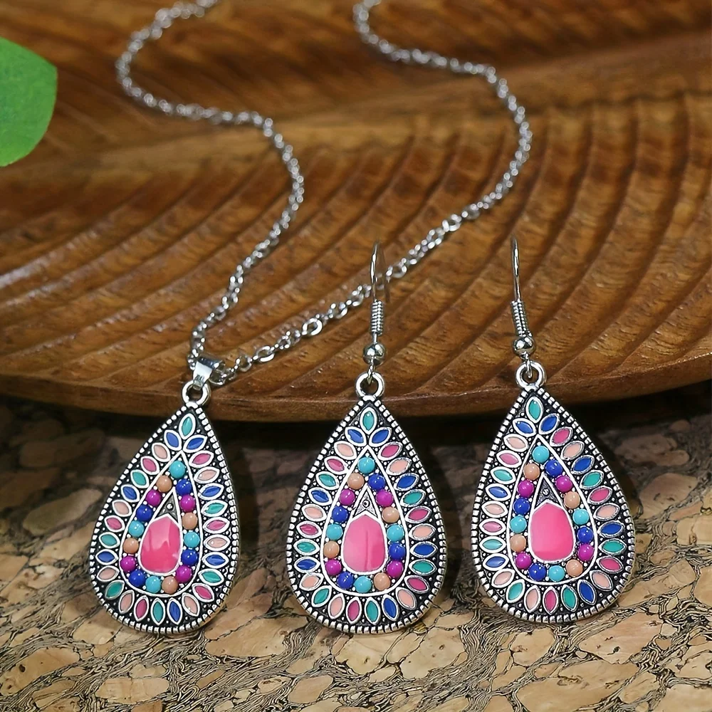 Ensemble de bijoux Boho en forme de goutte d'eau, collier et boucles d'oreilles élégants, 3 pièces/ensemble