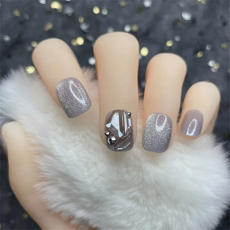 False Nail Ice Permeable Gray Stone Inlaid Cat Eye Short Women Nail  Products Showing White Temperament Nail Patch