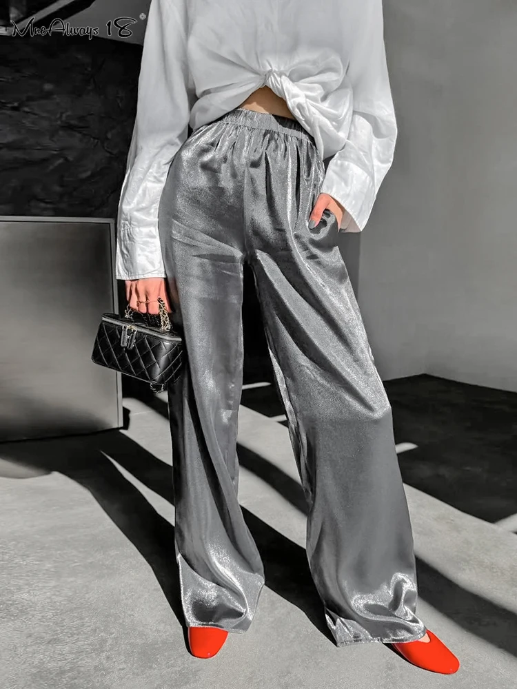 Mnealways18 Gauze Brightly Gray Wide Leg Pants Elegant High Waist Pleated Women Long Trousers Autumn Office Lady 2024 Solid Pant