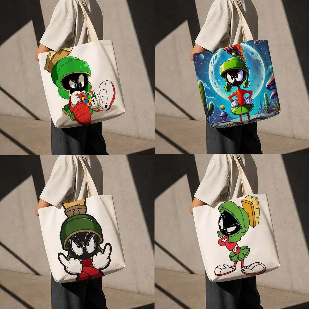 Cartoon M-Marvin-n The M-Martian-n Anime Printed Canvas Tote Bag with Zipper for Work School and Travel