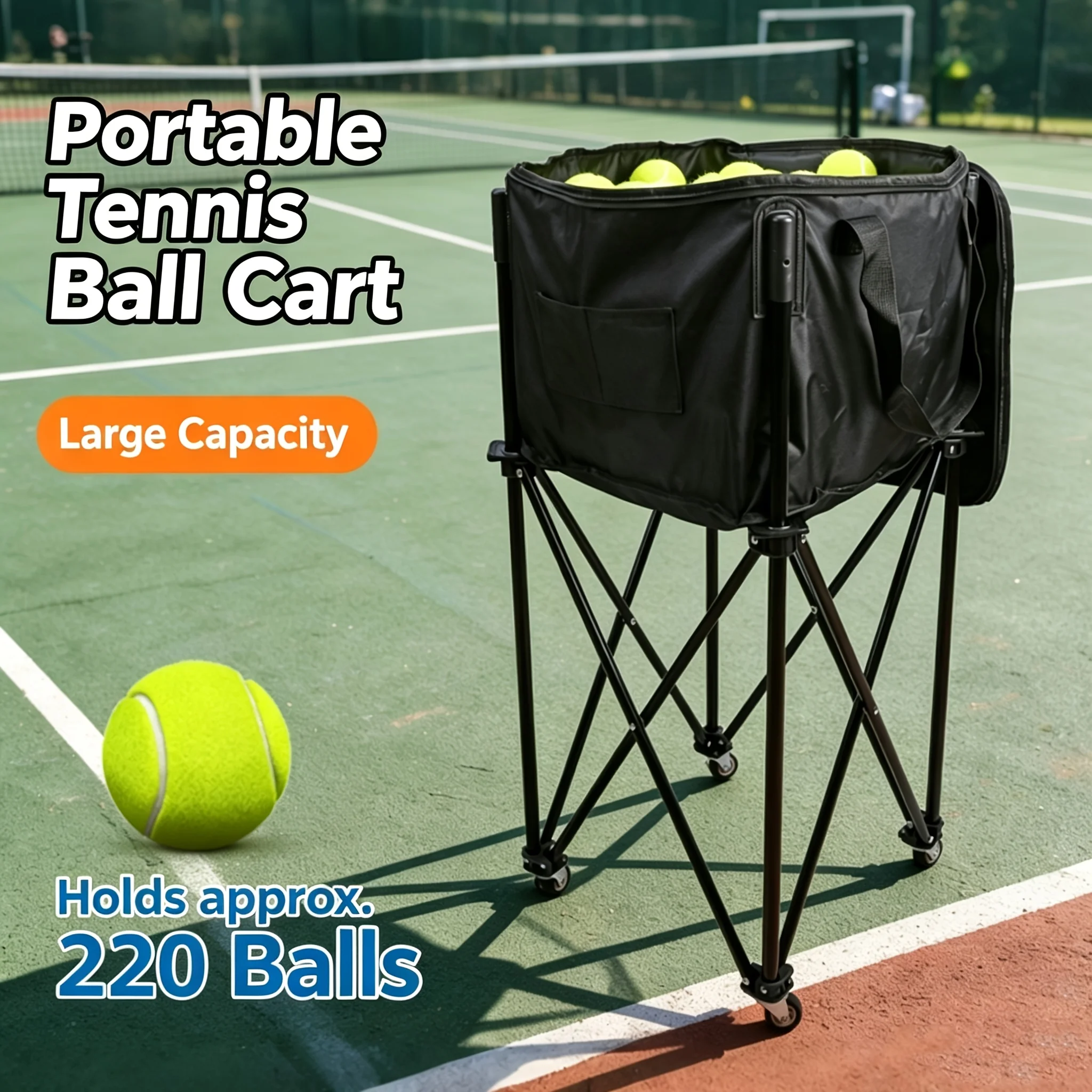 Foldable Tennis Ball Hopper Cart with Wheels, Large Capacity Storage Trolley for Tennis Pickleball