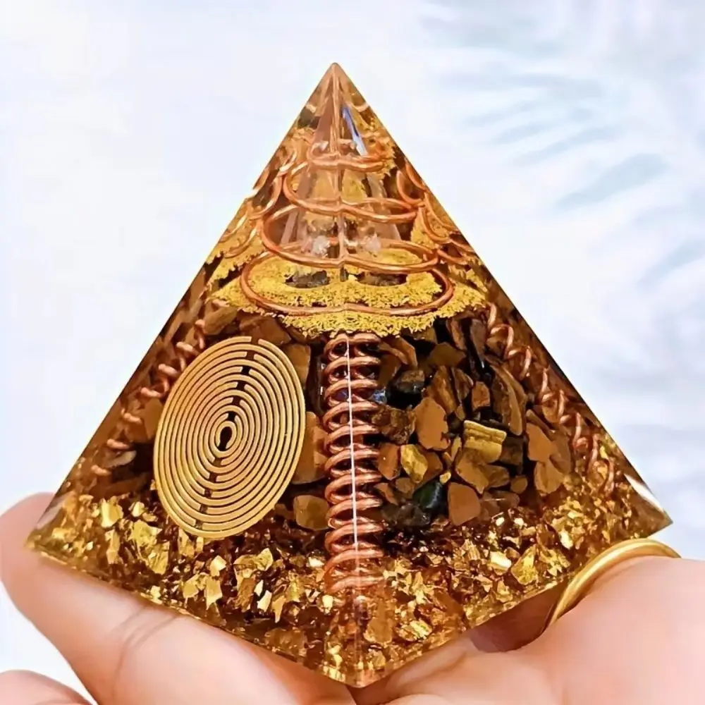 Crystal Epoxy Tiger Eye Stone Pyramid 4cm Handmade Resin Craft Copper Wire Spiral Home Decoration Desktop Ornament