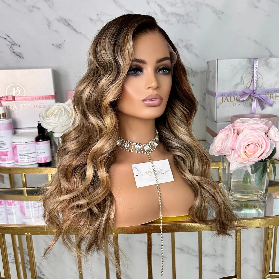 Highlight Ombre Blonde Brown Colored Natural Body Wave Lace Front Wigs Synthetic Soft Free Part Loose Wig 13X4 Frontal Lace Wigs