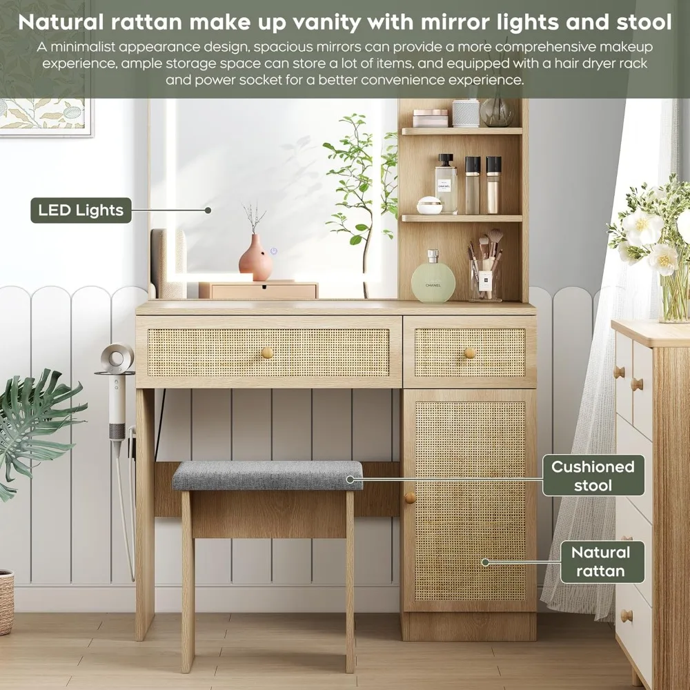 35" Boho Makeup Vanity Table with LED Lighted Mirror & Power Strip, Wooden Dressing Table Set with Rattan Drawers